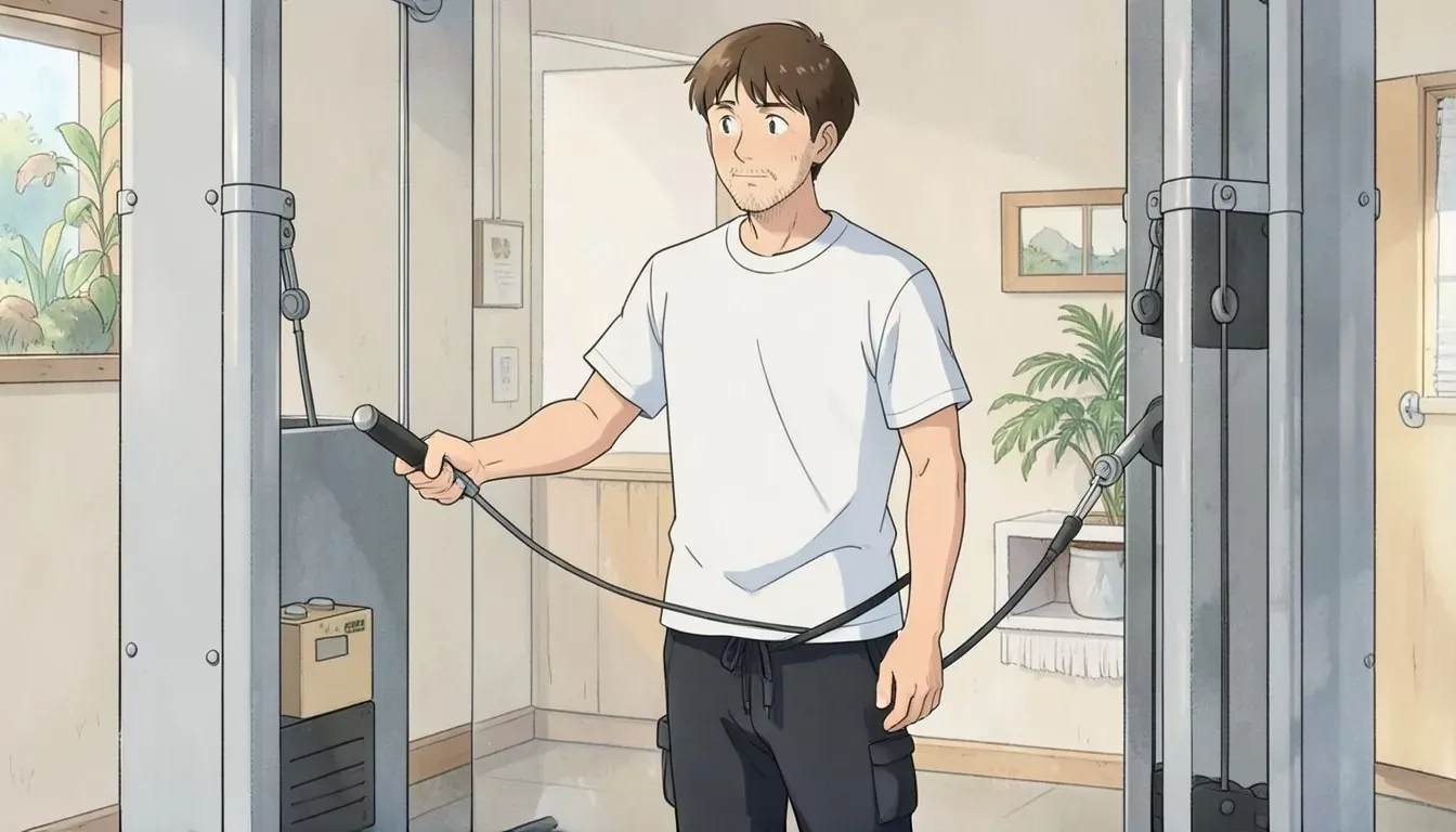 myo-reps - a man standing at a cable machine gripping the handle in an indoor gym - Studio Ghibli anime illustration