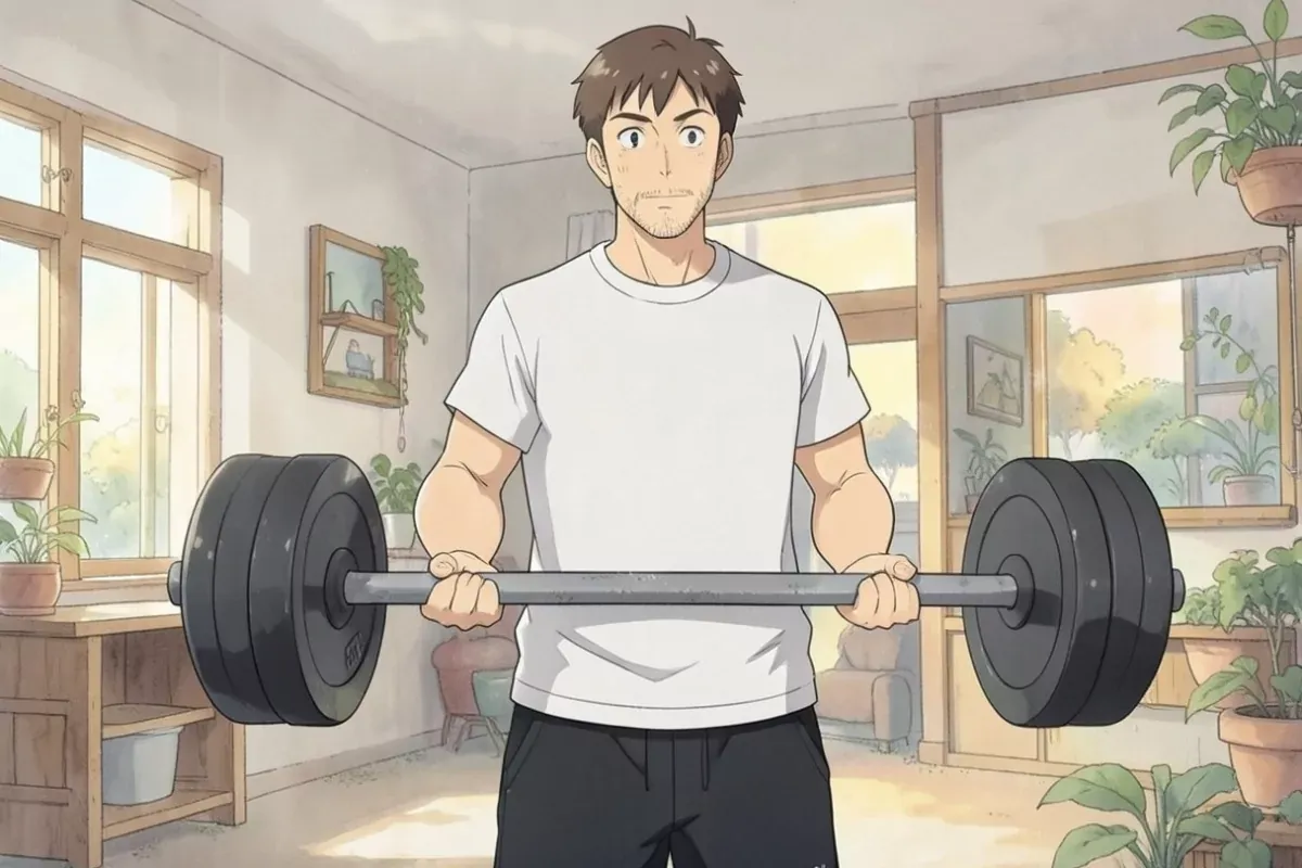 is standing indoors holding a barbell with both hands in a bicep curl starting position, indoor gym, no other people anywhere - Studio Ghibli anime il