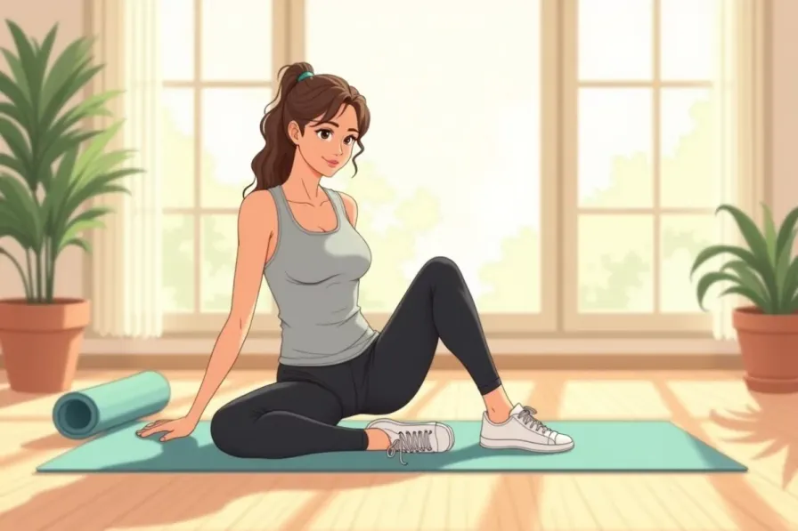 pilates vs yoga for weight loss - a woman on a mat between pilates and yoga poses in a bright room - Studio Ghibli anime illustration