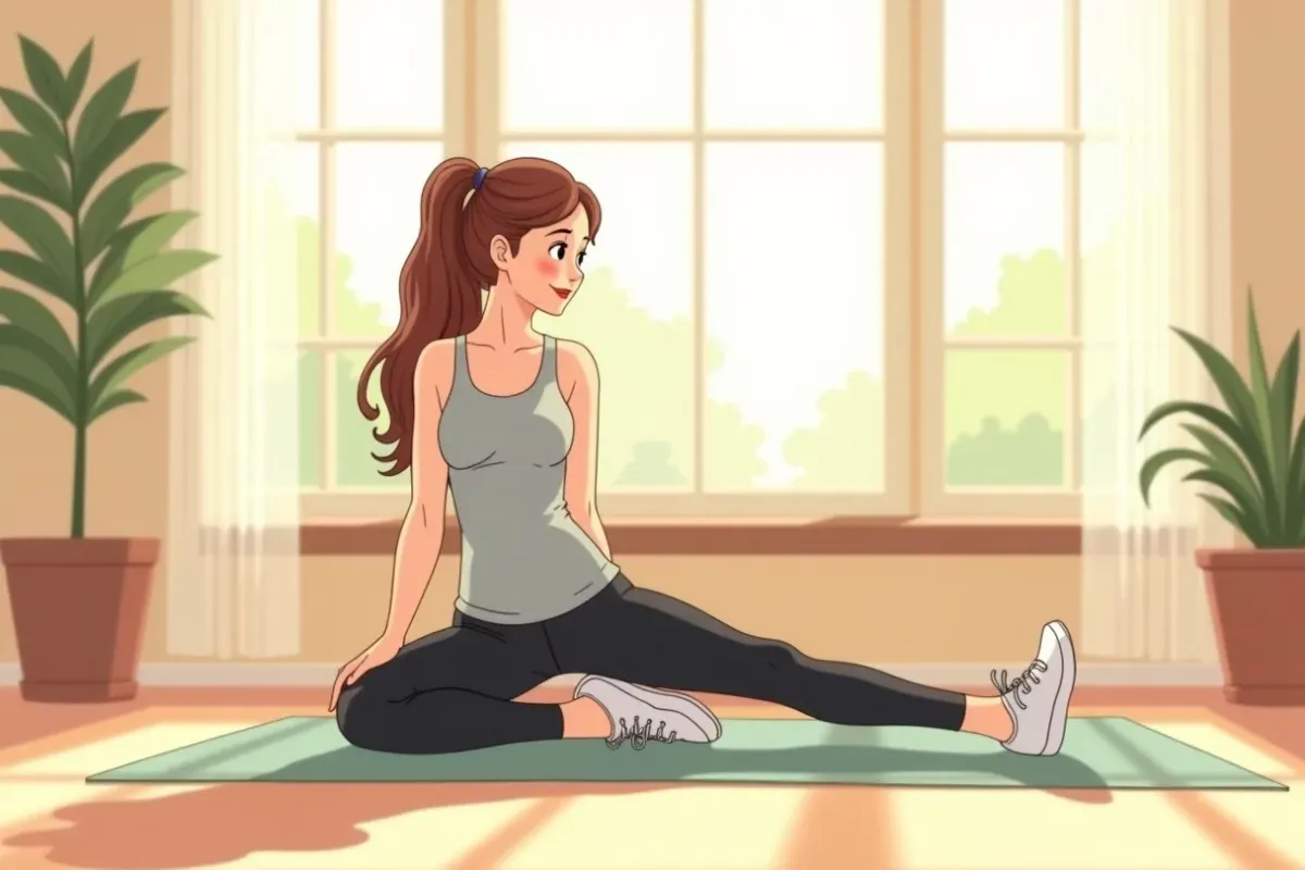 is doing a controlled pilates leg stretch on a mat in a bright living room - Studio Ghibli anime illustration