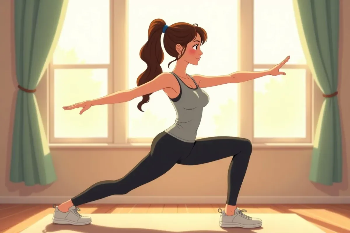 is holding a warrior yoga pose on a mat by a sunny window - Studio Ghibli anime illustration