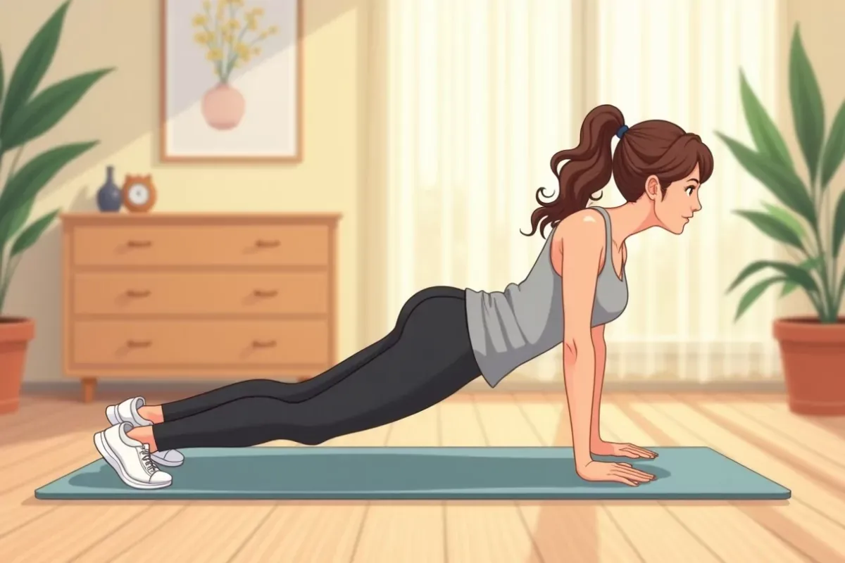 is doing a plank on a yoga mat in a cozy home workout space - Studio Ghibli anime illustration