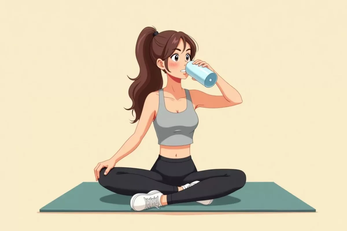 is sitting cross-legged on a mat drinking water after a workout, looking relaxed - Studio Ghibli anime illustration