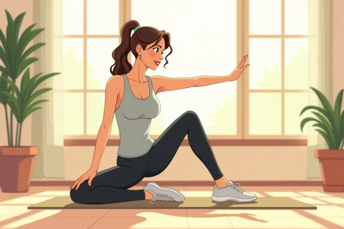 is doing a flowing vinyasa yoga pose on a mat in a sunlit studio - Studio Ghibli anime illustration