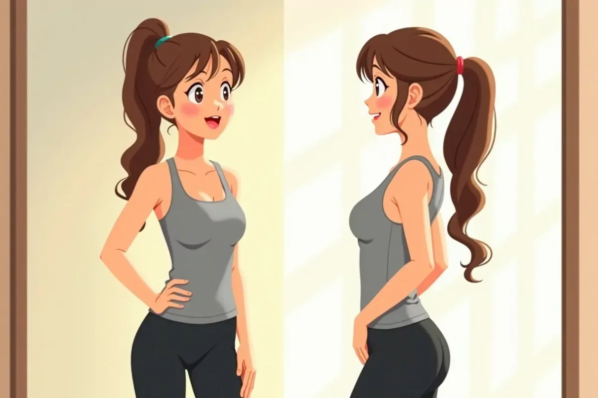 is checking her posture in a mirror after a pilates session in a bright room - Studio Ghibli anime illustration