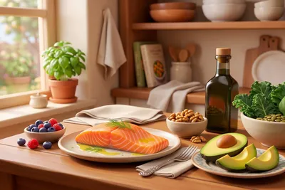 heart-healthy foods reduce cardiovascular risk 3D animation kitchen table