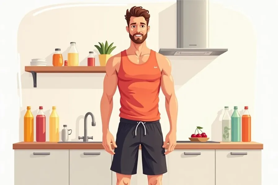 what to drink after a workout - a man standing in a kitchen next to a counter with drink bottles - Studio Ghibli anime illustration
