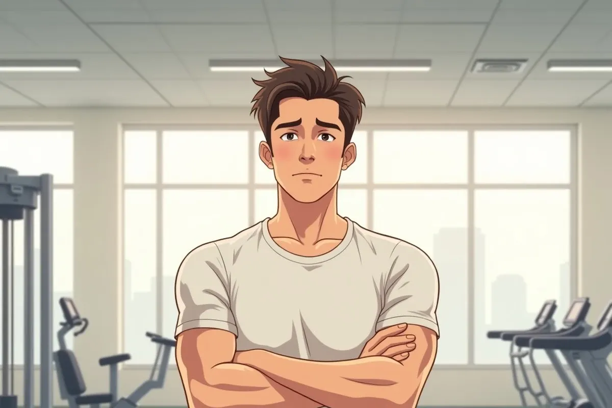 a man standing indoors in a gym with both arms crossed, thoughtful expression, indoor gym