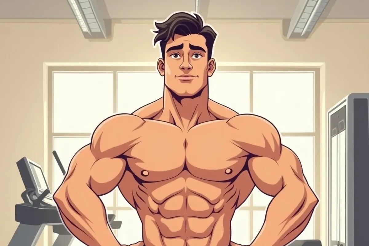 a man standing indoors in a gym with both hands on his hips, confident stance, indoor gym