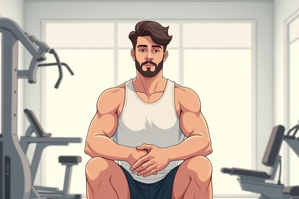 a man sitting on a simple flat gym bench indoors, both hands resting on his own knees, indoor gym