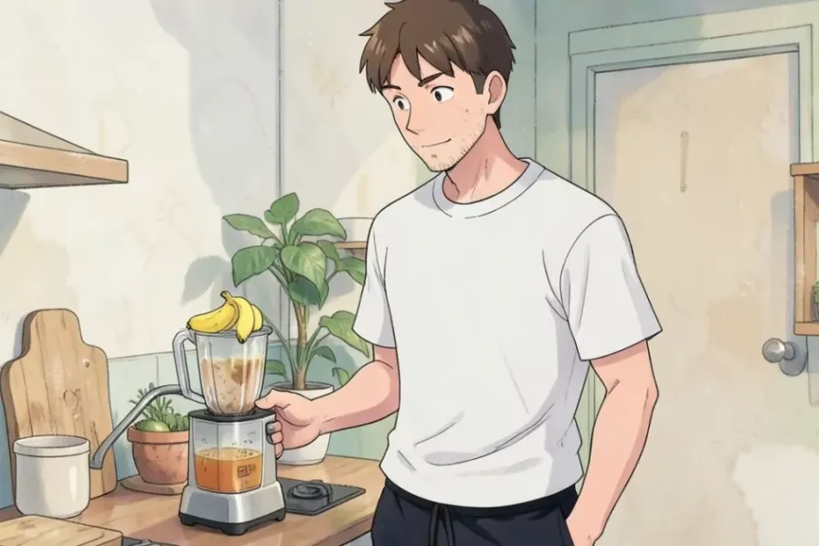 pre-workout drinks at home - is mixing a homemade pre-workout drink in a kitchen blender, with a banana and a cup of coffee o