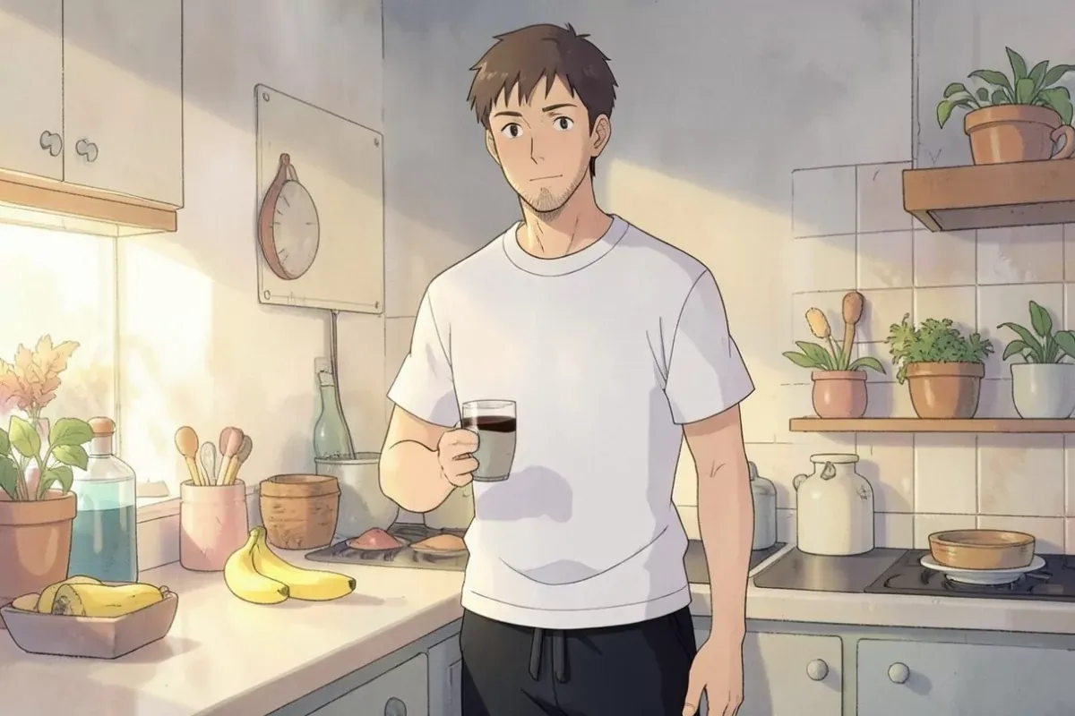 is holding a cup of black coffee next to a banana on a kitchen counter - Studio Ghibli anime illustration