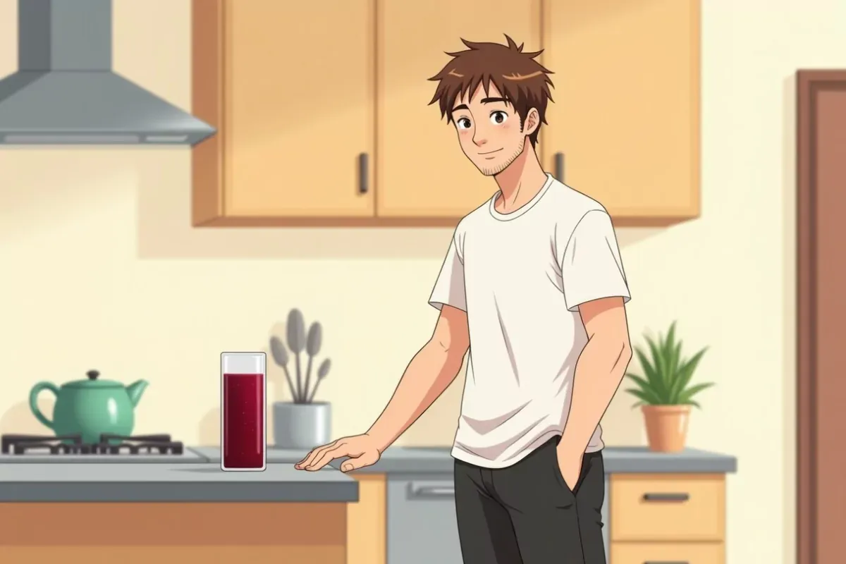 is pouring a glass of dark red beet juice at a kitchen counter - Studio Ghibli anime illustration