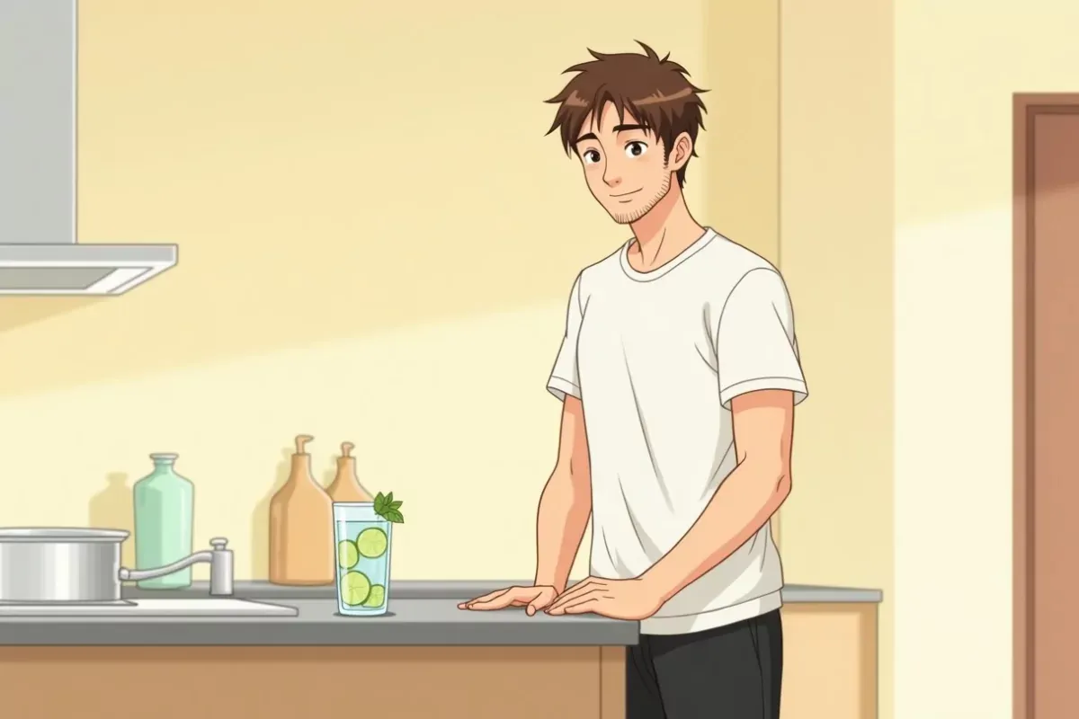 is squeezing a lime into a glass of water at a kitchen counter - Studio Ghibli anime illustration
