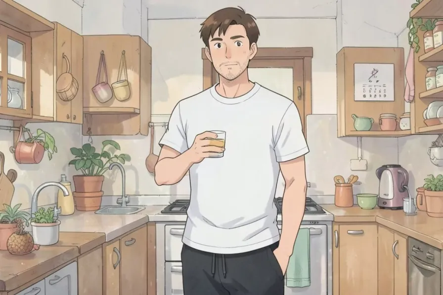 recovery shots - a man standing in a kitchen holding a small glass shot cup of dark red liquid - Studio Ghibli anime illustration