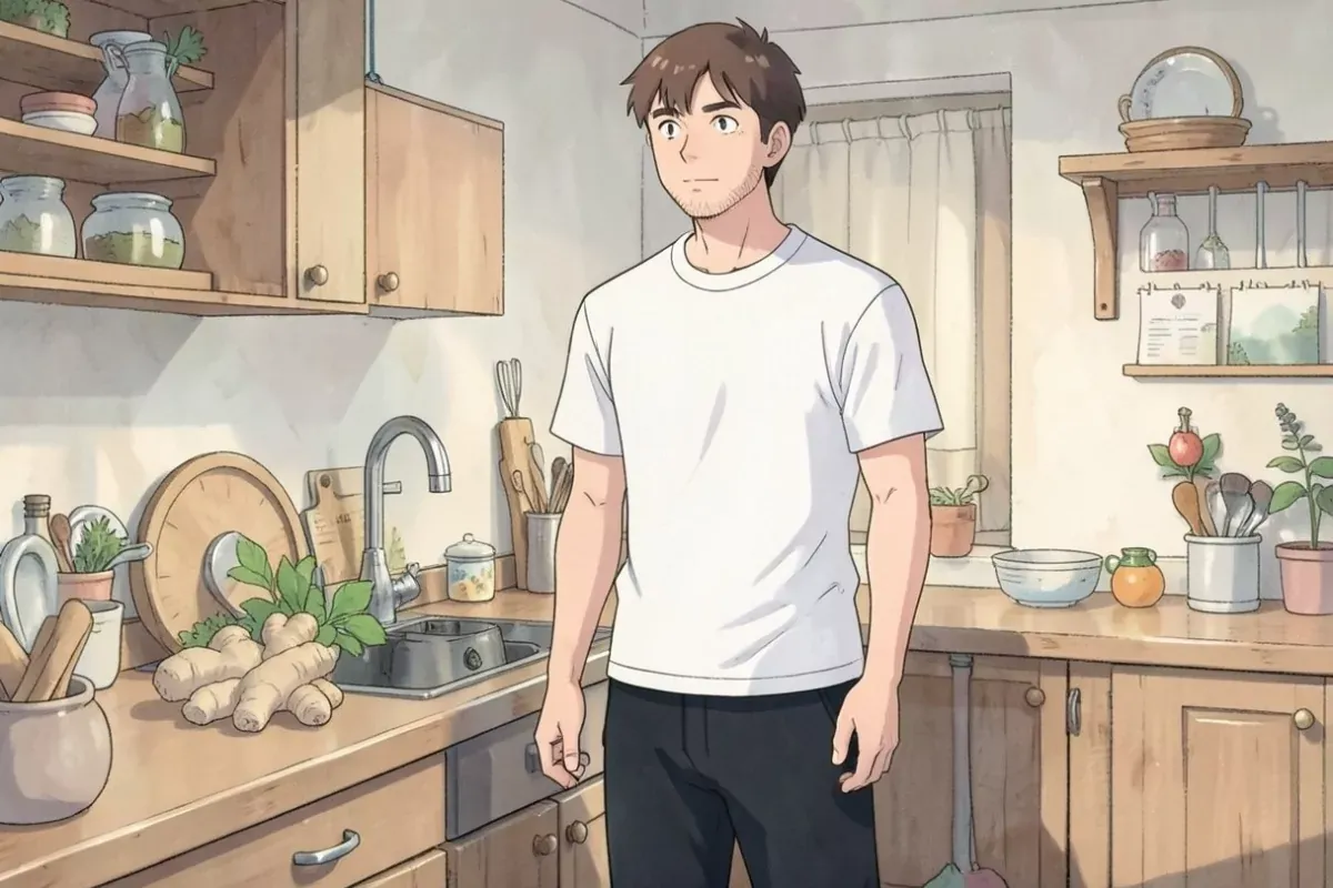 is standing indoors in a cozy kitchen next to a counter with fresh ginger root, turmeric root, and a bowl of cherries visible on the counter, both han