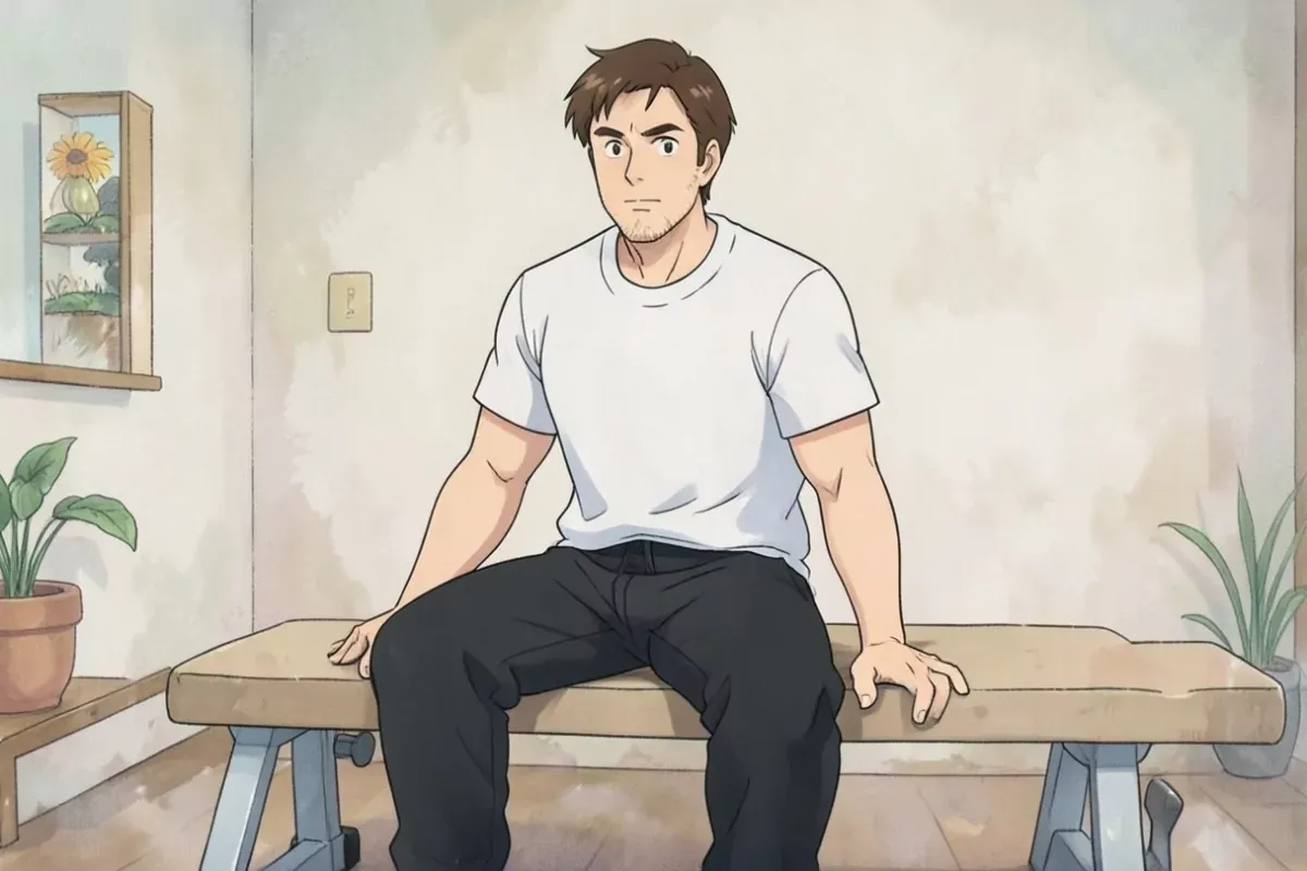 is sitting on a simple flat gym bench indoors, both hands resting on his own knees, knees and legs clearly separated, thoughtful expression, no other