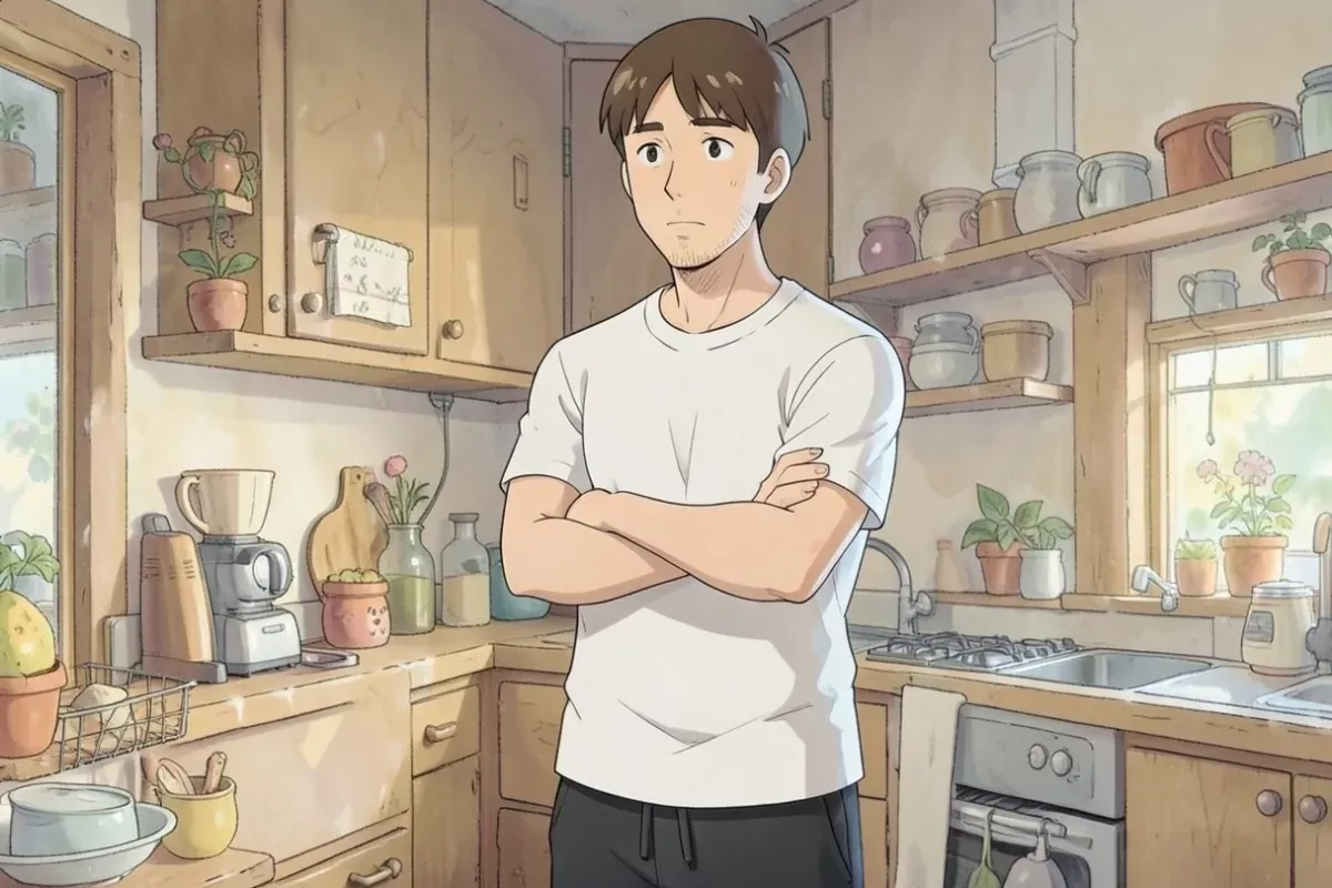 is standing indoors in a cozy kitchen holding a small blender pitcher with both hands, calm expression, no other people anywhere - Studio Ghibli anime