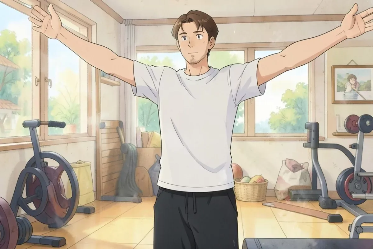 A man in a home gym holding both arms out to the sides at shoulder height in a lateral raise position