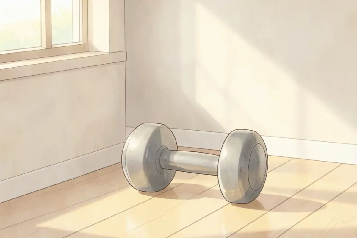 A single metal dumbbell resting on a wooden floor beside a window