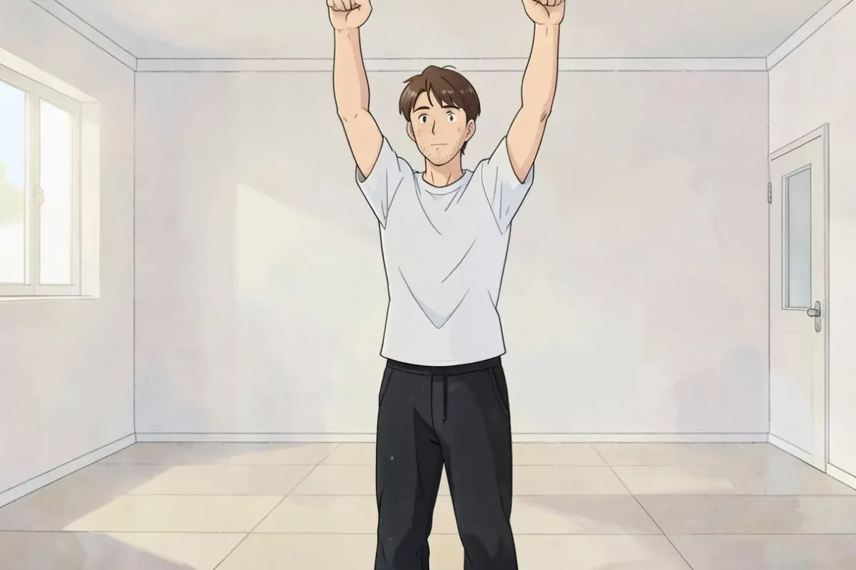 A man standing in an empty home workout room with both arms raised overhead