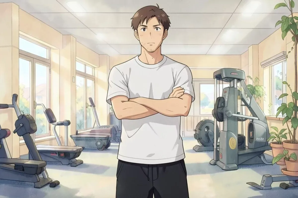 is standing with both arms crossed over his chest, thoughtful expression, bright indoor gym, no text, no logo - Studio Ghibli anime illustration