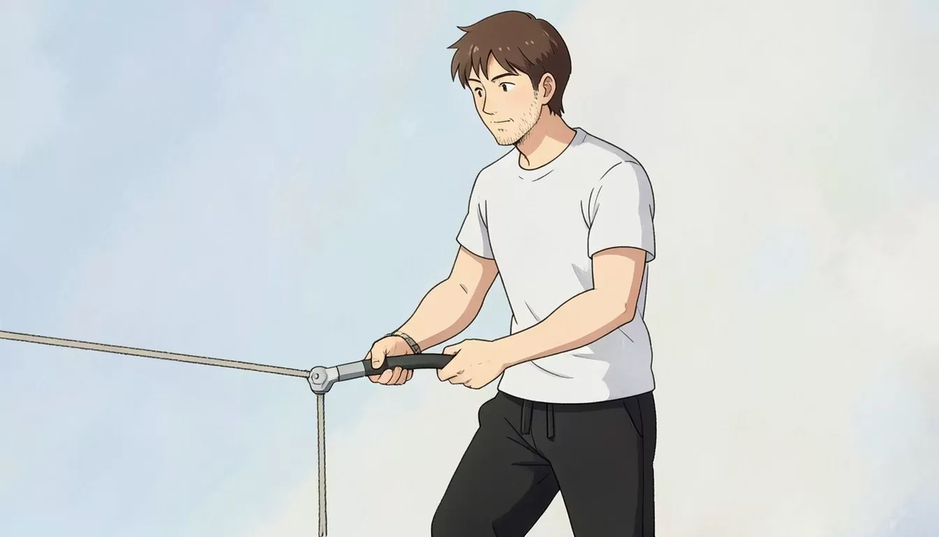is standing pulling a single cable machine rope attachment down with both hands together, focused determined expression, bright indoor gym