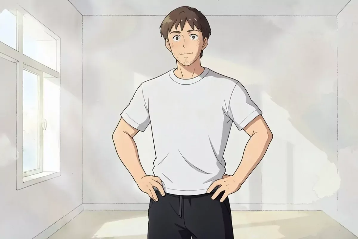 is standing with both hands on his hips, calm confident expression, plain bright room, no text, no logo - Studio Ghibli anime illustration
