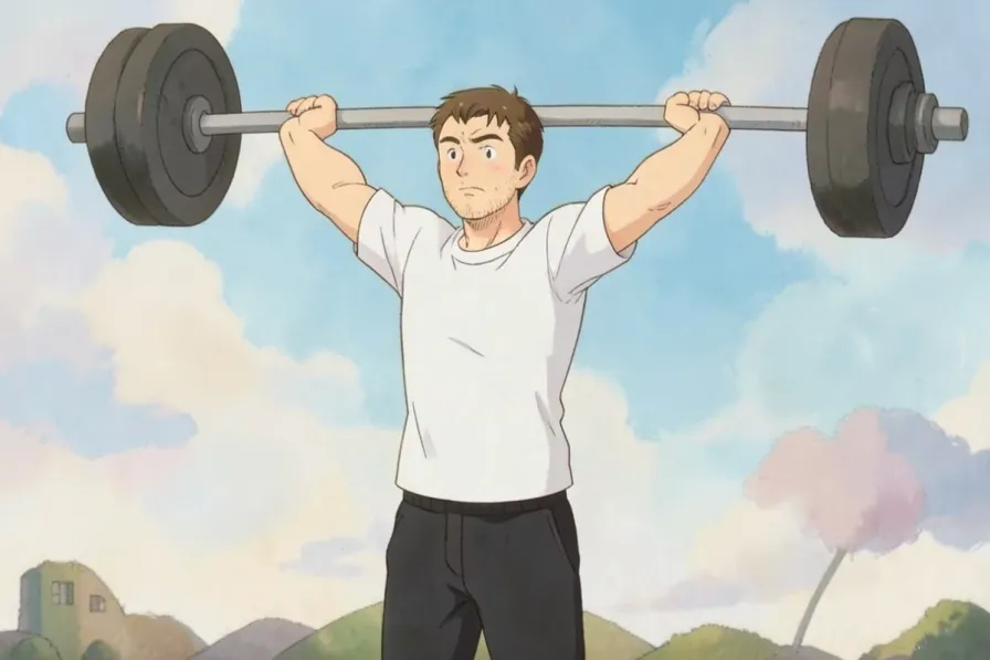 reverse pyramid training - a man pressing a straight barbell overhead with both arms fully extended - Studio Ghibli anime illustration