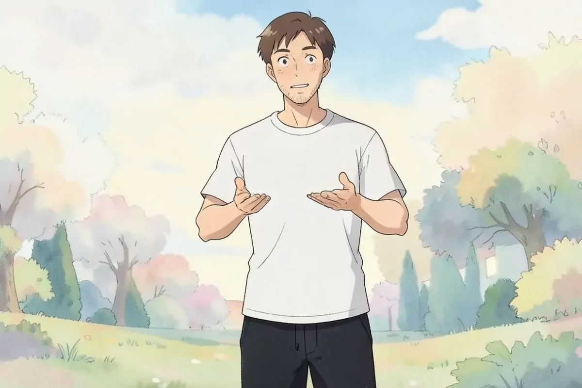 is standing with both hands open at chest height, explaining gesture, engaged expression, plain bright room, no text, no logo - Studio Ghibli anime il