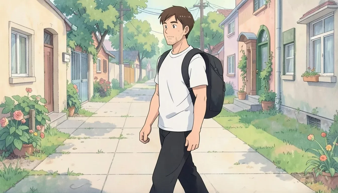 is walking outdoors on a park path wearing a loaded backpack, both arms swinging naturally at his sides, focused expression, bright outdoor park - Stu