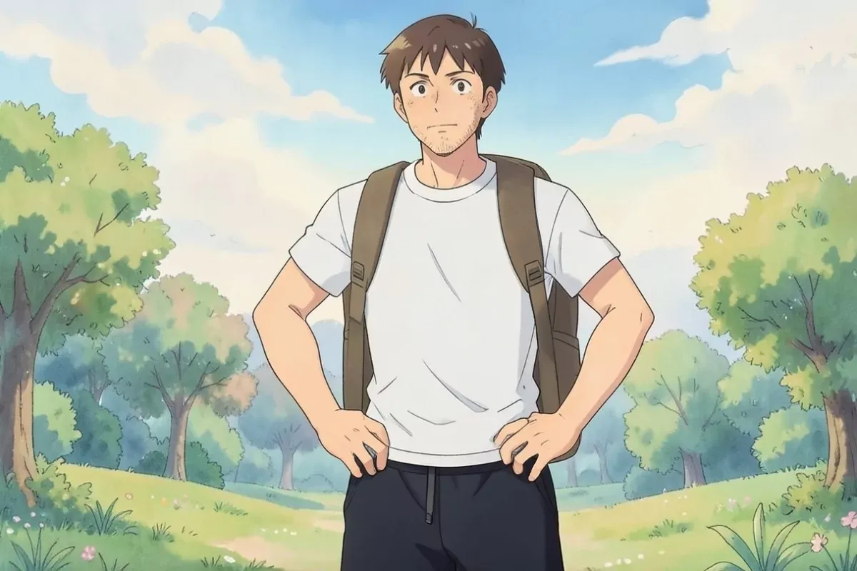is standing outdoors with both hands on his hips wearing a loaded backpack, catching his breath, confident expression, bright outdoor park - Studio Gh