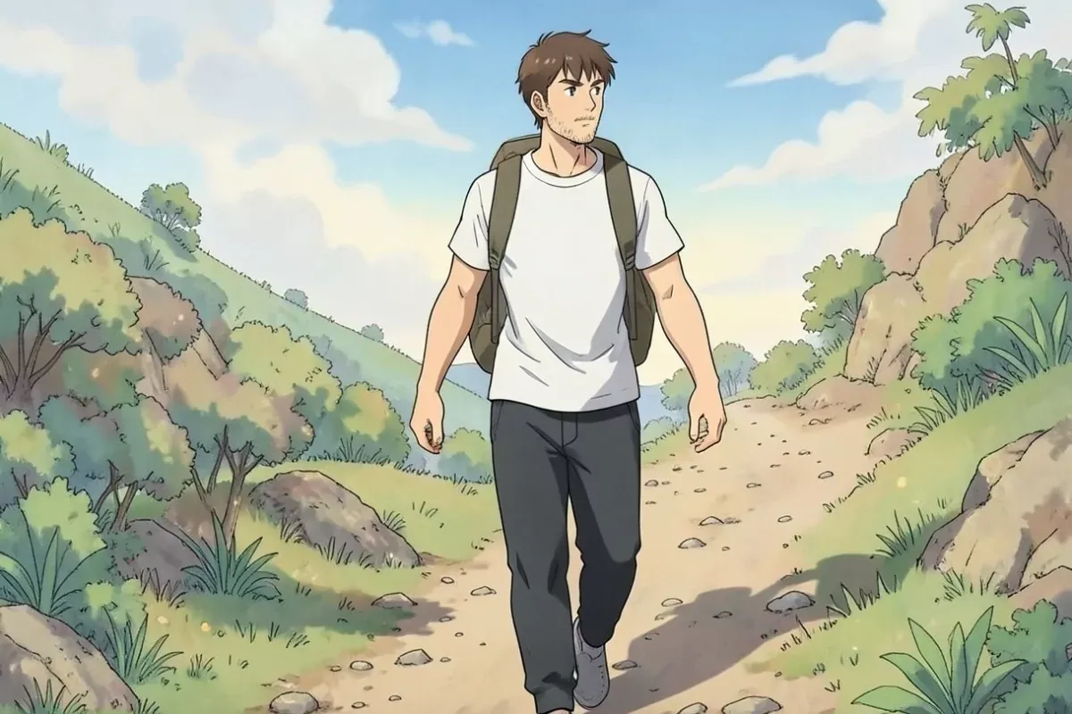 is walking uphill on a dirt trail wearing a loaded backpack, both arms swinging naturally, determined expression, bright outdoor trail - Studio Ghibli