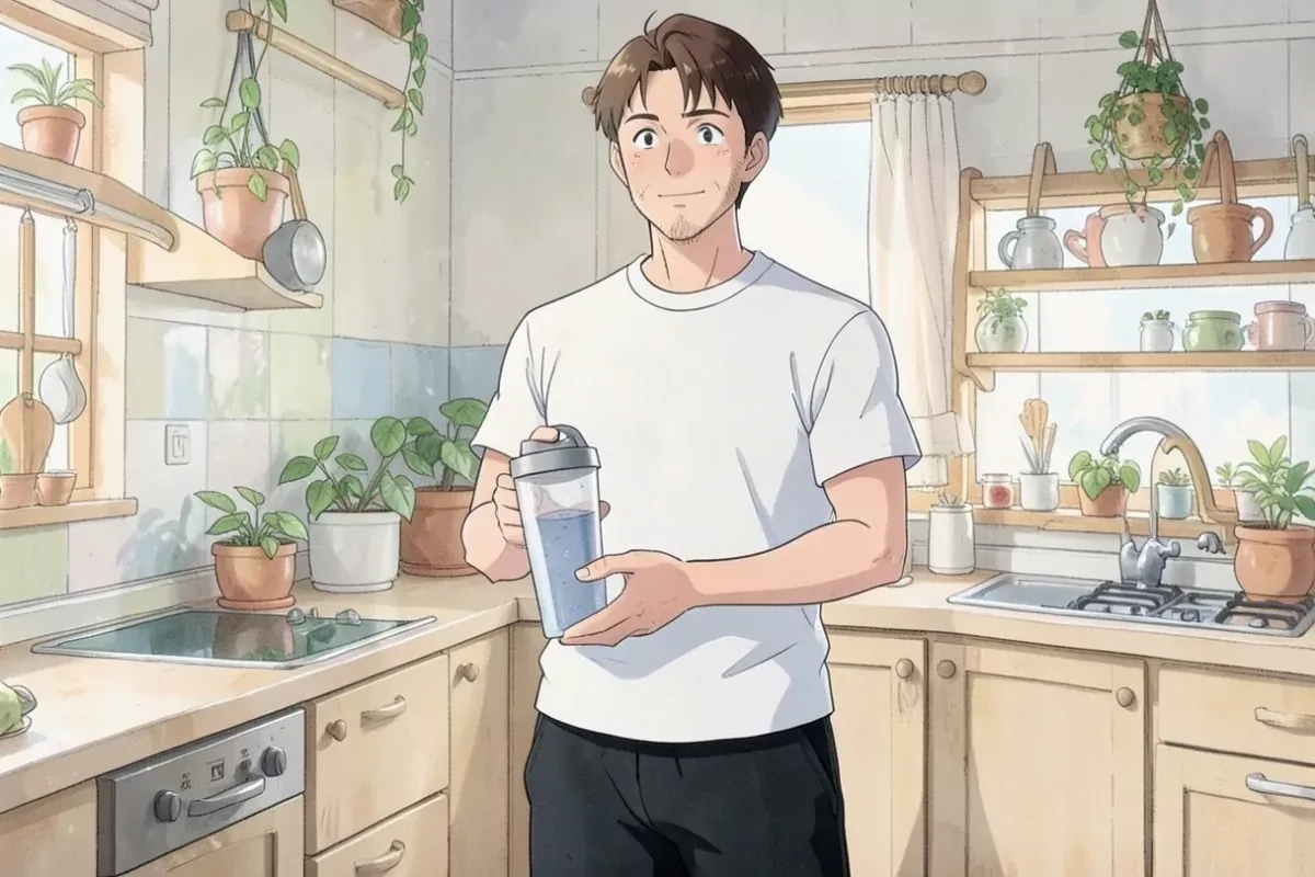Man holding a clear shaker bottle with both hands in a bright kitchen