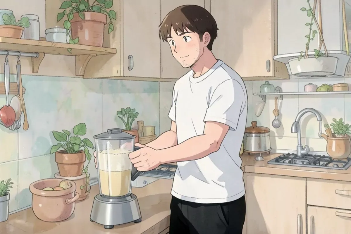 Man with both hands on a blender jar of pale smoothie at a kitchen counter