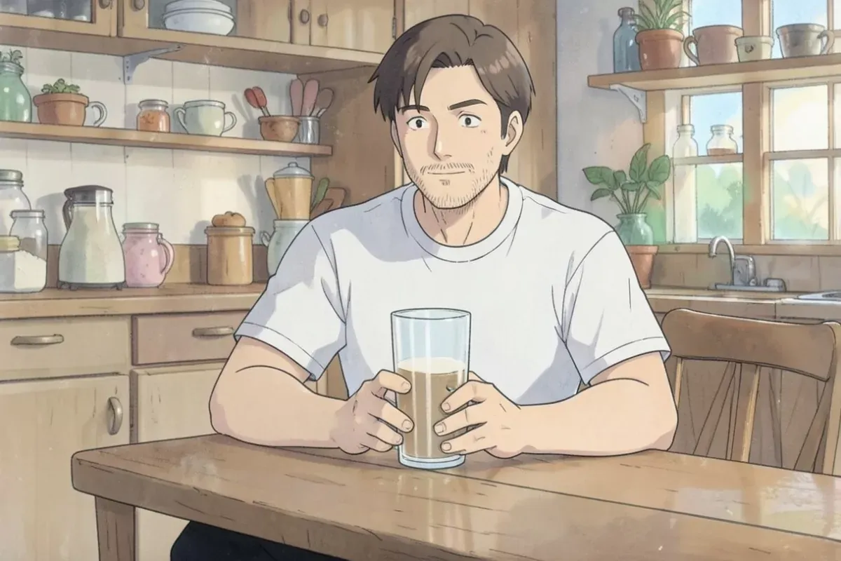 Man sitting at a kitchen table holding a tall glass of pale protein shake