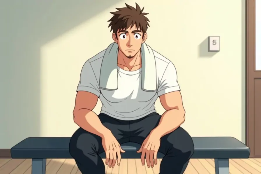 signs of overtraining - a man sitting on a gym bench with a towel around his neck looking tired - Studio Ghibli anime illustration