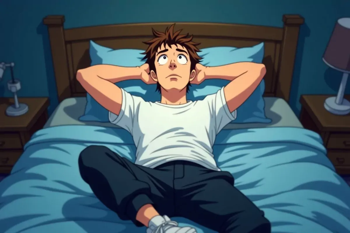 is lying in bed awake staring at the ceiling with both hands behind his head, tired frustrated expression, dim bedroom - Studio Ghibli anime illustrat