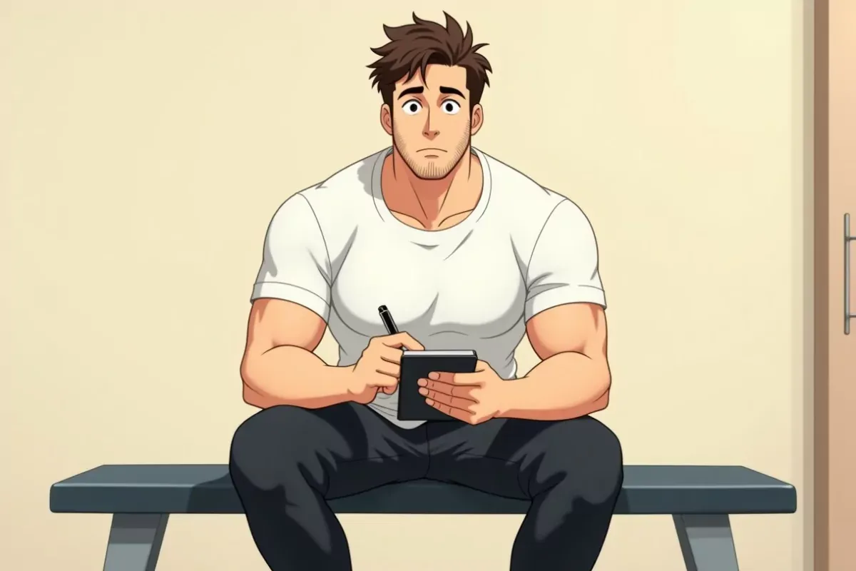 is holding a small notebook and pen with both hands, writing down his workout numbers, sitting on a gym bench - Studio Ghibli anime illustration