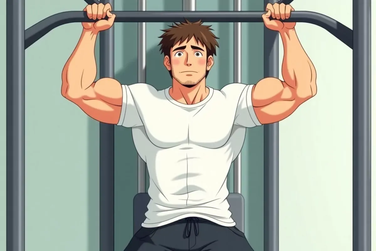 is doing a lat pulldown at a cable machine, both hands gripping the wide bar overhead, arms pulling down, bright indoor gym - Studio Ghibli anime illu