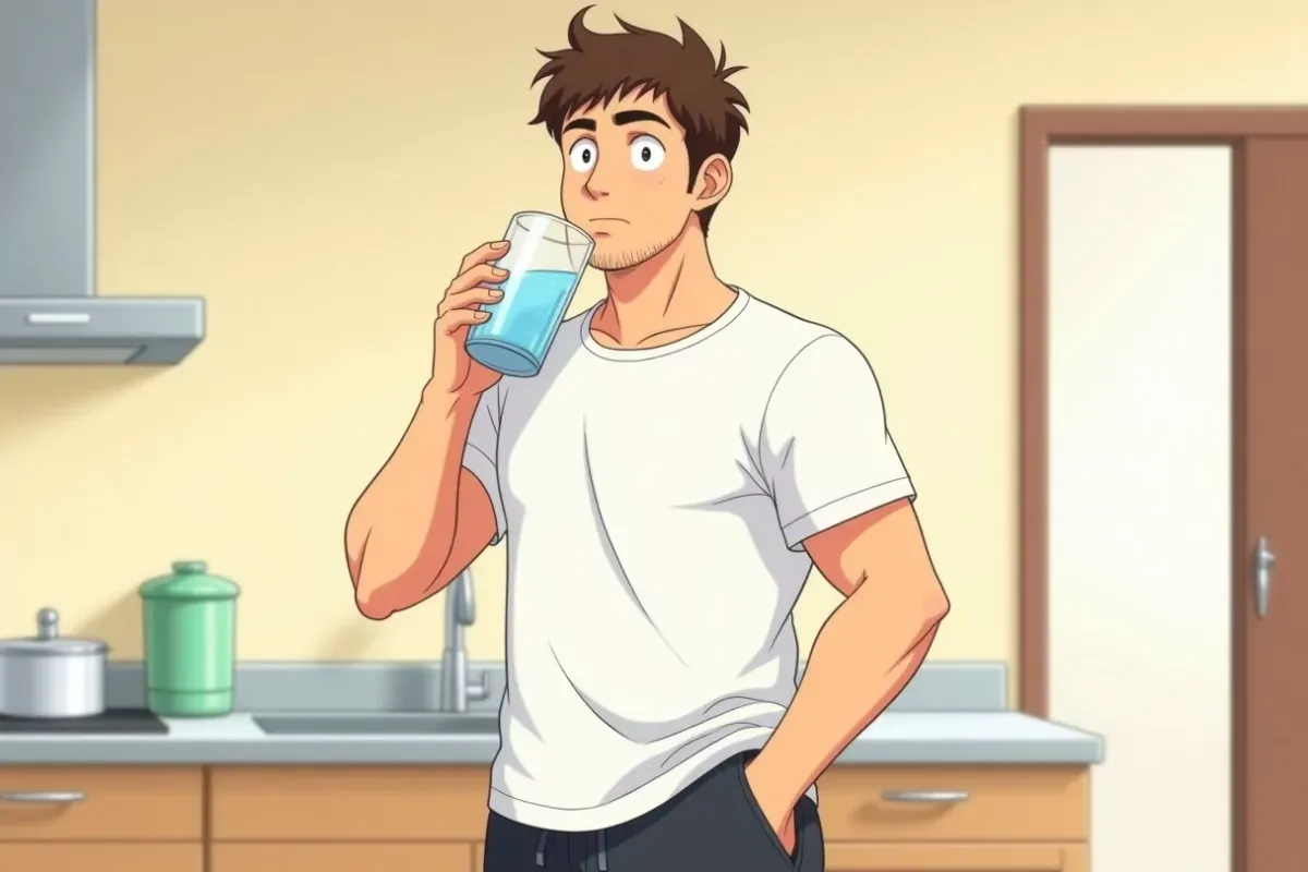 is holding a glass of water with both hands, taking a slow sip, calm expression, bright kitchen - Studio Ghibli anime illustration
