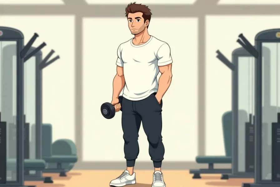 supersets - a man mid-workout pairing two exercises back to back in a gym - Studio Ghibli anime illustration