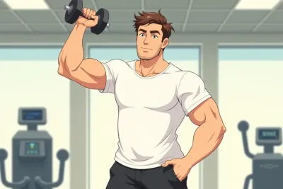 supersets - a man mid-workout pairing two exercises back to back in a gym - Studio Ghibli anime illustration