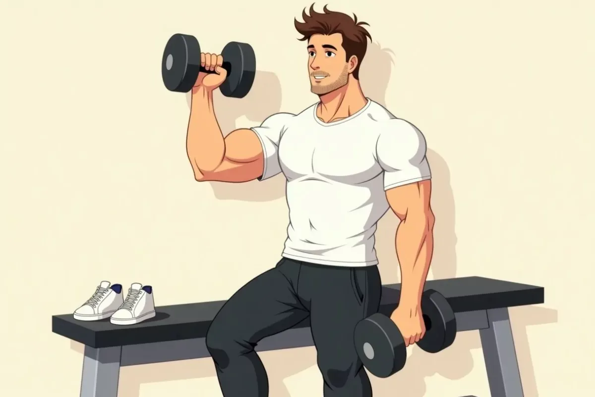 is doing a bicep curl with a dumbbell in one hand while another dumbbell rests nearby, focused expression, plain bright indoor gym - Studio Ghibli anime illustration
