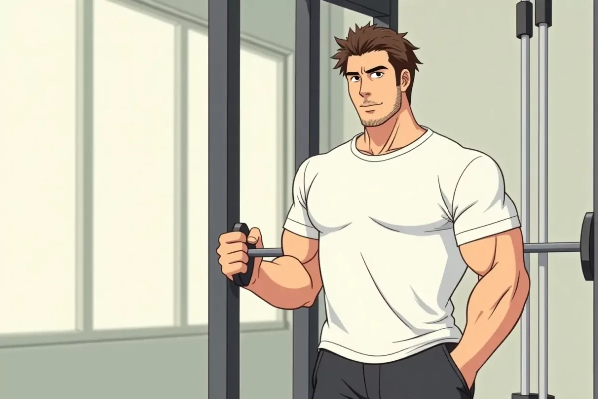 is doing a tricep pushdown at a cable machine with one arm, focused expression, plain bright indoor gym - Studio Ghibli anime illustration