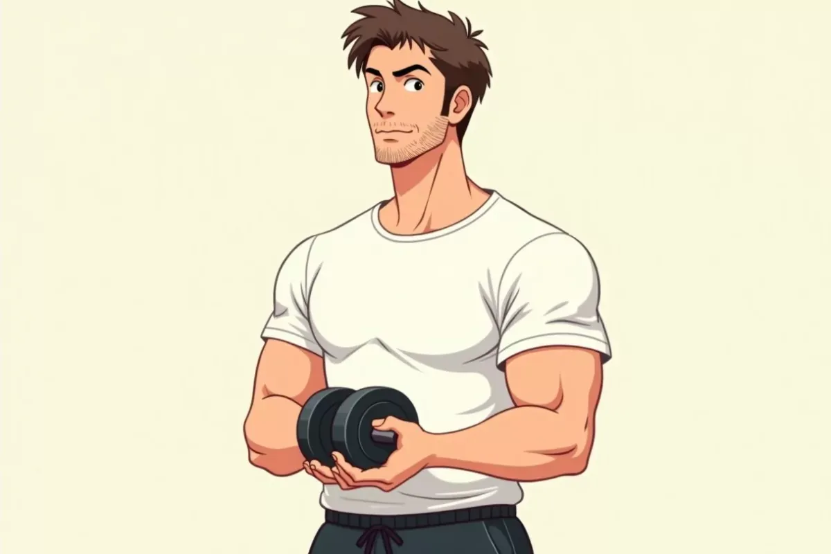 is doing a tricep pushdown at a cable machine with one arm, focused expression, plain bright indoor gym - Studio Ghibli anime illustration