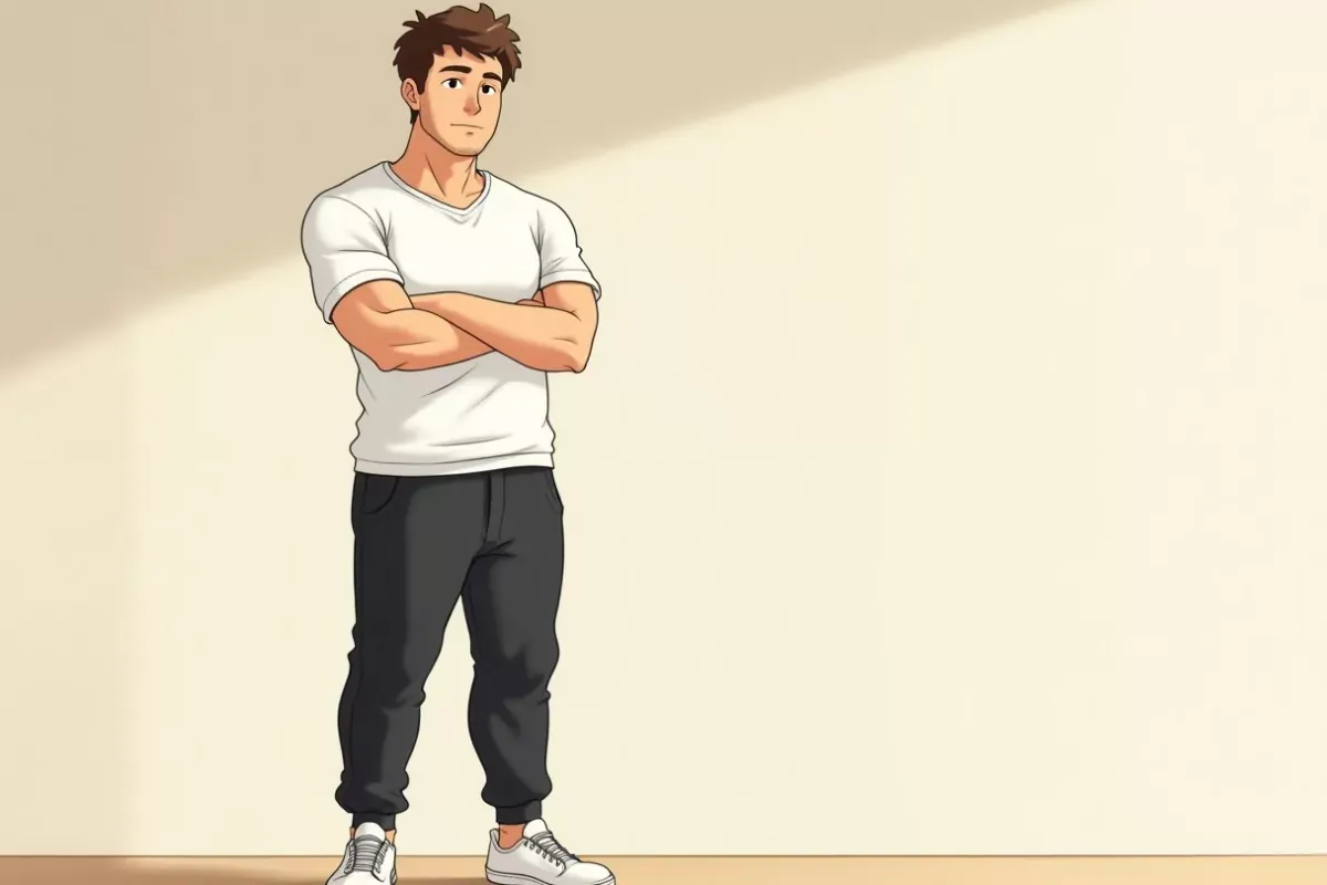 is standing confidently with arms crossed after finishing a workout, plain bright indoor gym - Studio Ghibli anime illustration