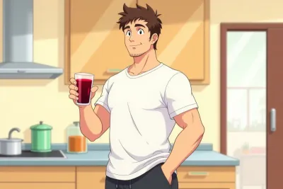 tart cherry juice - a man holding a glass of dark red tart cherry juice in a bright kitchen after a workout - Studio Ghibli anime illustration