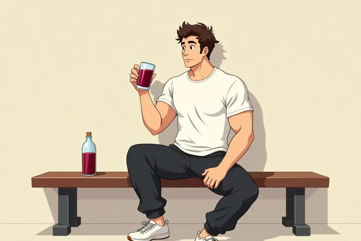 is sitting on a gym bench holding a glass of dark red tart cherry juice up in one hand, water bottle beside him, resting after a workout - Studio Ghibli anime illustration