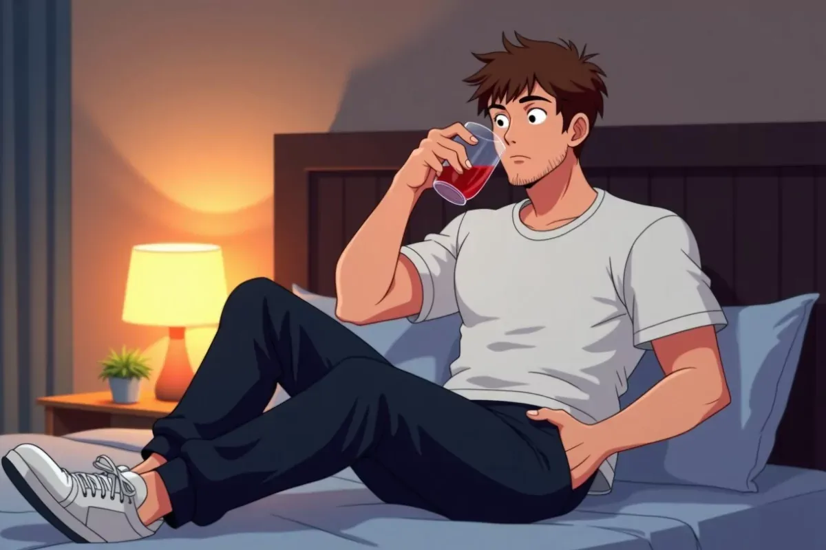 is sitting up in bed at night drinking a small glass of dark red tart cherry juice, cozy bedroom with warm lamp light - Studio Ghibli anime illustrati